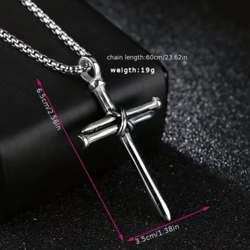 !! Sold Cross 3 Nail Necklace Religious Christian Statement Steel Silver Unisex - Picture 3 of 13